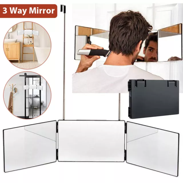 3 Way Trifold Mirror 360° Barber Mirror Adjustable Brackets Hanging Self Mirror