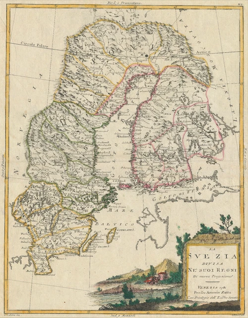 MAPPA ANTICA &&LA Svezia Divisa ne'suoi Regni Di nuova Proiezione