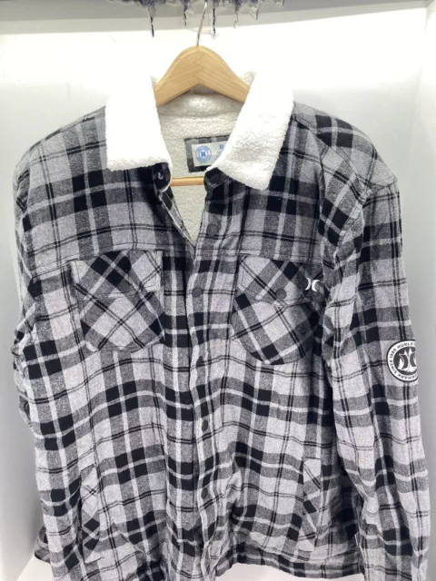 Hurley Flannel Shacket Men Size XL Gray Plaid Sherpa Lined Snap Long Sleeve NWT