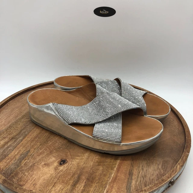 FitFlop LULU Shimmer foil Cross Strap Wedge Sandals Silver Size US 9