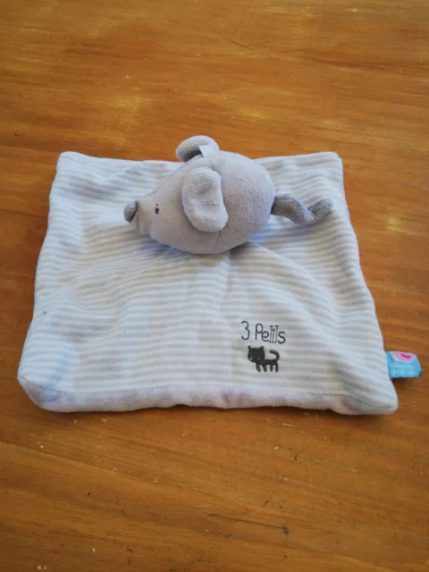 Doudou Sucre D'orge Souris Plat Carré Rayé 3 Petits Chats Gris Violet