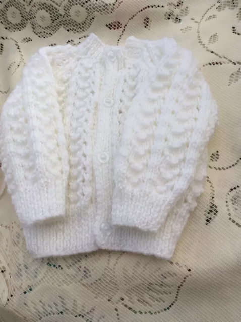 Brand New Hand Knitted Baby Cardigan White . Size 3-6 Months 18"