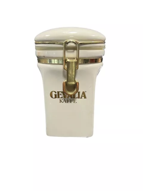 Gevalia Kaffe Ceramic Coffee  Canister White w/ Brass Latch & Gold Lettering