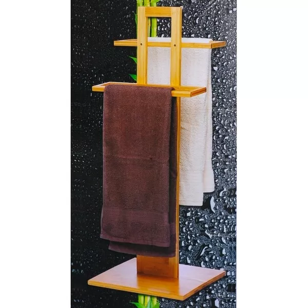Porte-serviettes pliable 3 Barres et 1 Tablette en Bambou H 94 cm