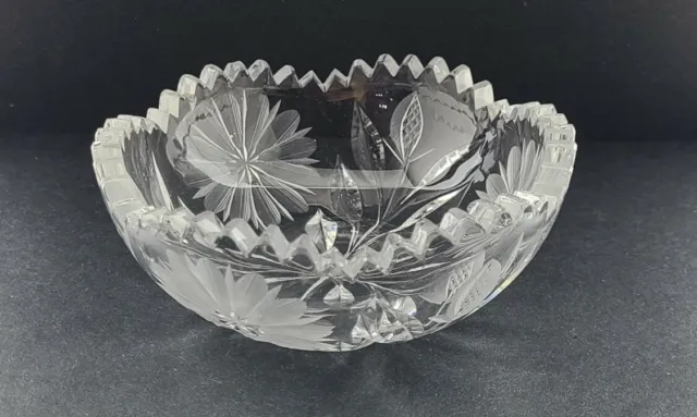 Vintage Cut Glass Clear Crystal Glass Bowl     Saw Tooth Edge