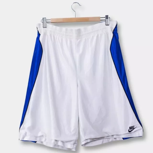 Pantaloncini da basket vintage Nike Logo ricamato Y2k bianco blu da uomo M USA