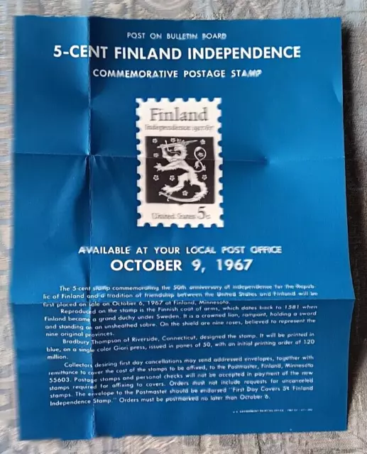 1967 Finland Indpendence Lion Coat Of Arms Folded Post Office Bulletin 9"X11"