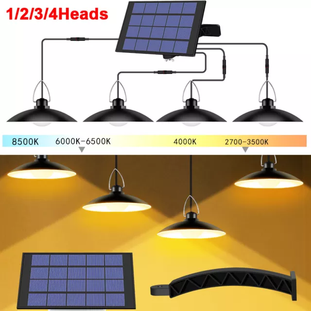 1/2/3/4Heads Solar Panel Pendant Hanging Light Waterproof Garden Yard Shed Lamp