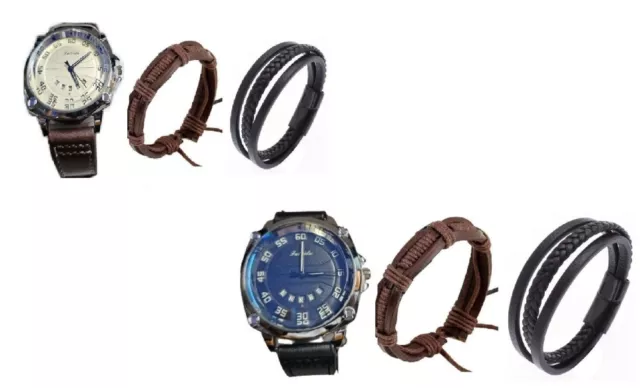 1 PC Mens Quartz Wrist watch 2 PCS Bracelet Fashion Casual Gift Set For Xmas