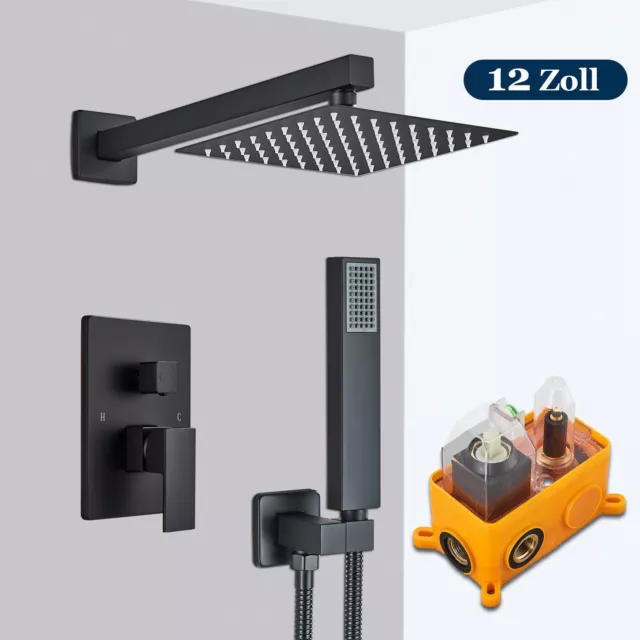 Modern Concealed Mixer Shower Set Bathroom 30cm Square Rainfall Head Taps Black 2