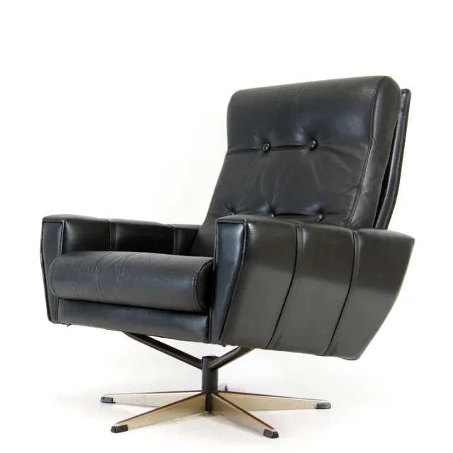 Retro Vintage Danish Black Leather Swivel Lounge Egg Chair Armchair 60s 70s