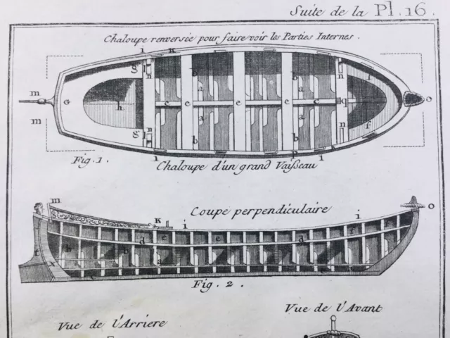Chaloupe en 1778 Construction Navale Aviron Rare Gravure ancienne maritime