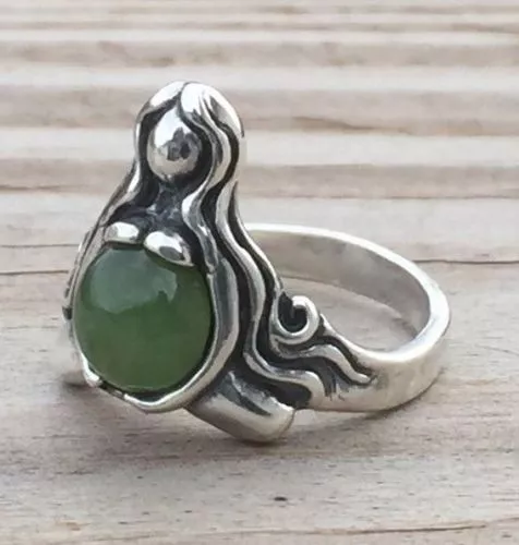 Goddess of Abundance Ring .925 Sterling Silver Sz 7.5 w/ Genuine Jade gemstone