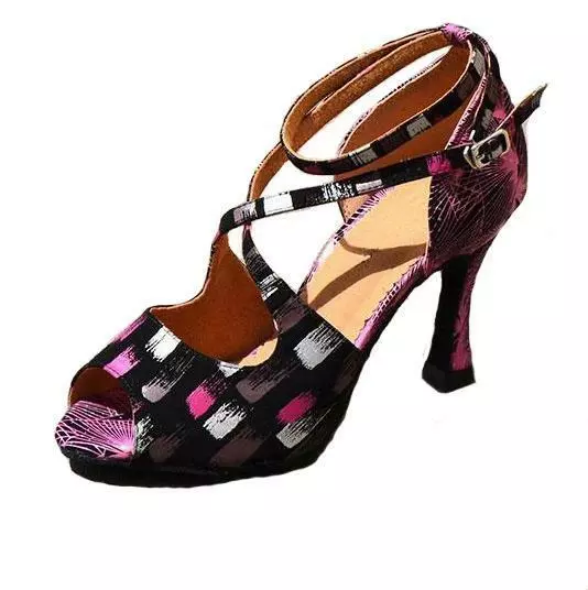 Scarpe da ballo sandali salsa nero viola aperti spuntati tacco medio alto salsa