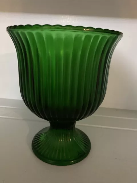 VINTAGE GLASS GREEN CANDY BOWL  Ribbed Pedestal