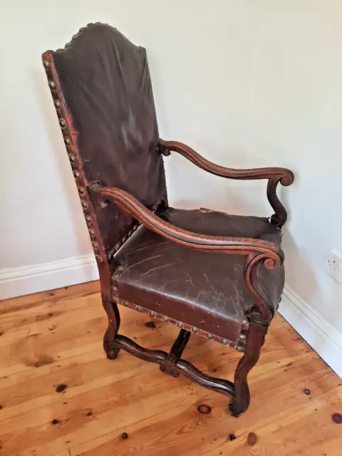 Antique Victorian  Oak Throne Chair Oxblood Red  Leather Seat and Backrest 2