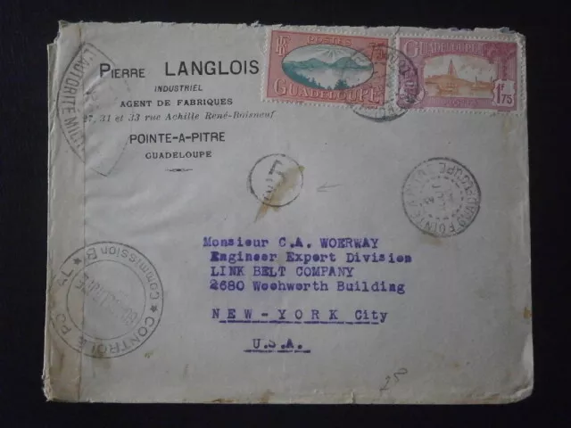 Guadeloupe Enveloppe Lettre Cover Bande Censure Commission B Pointe A Pitre Usa