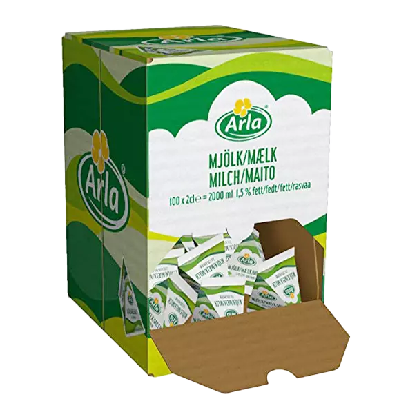 Porzione di latte Arla 1,5% grasso, in cartong, 100 x 20 ml porzioni singole