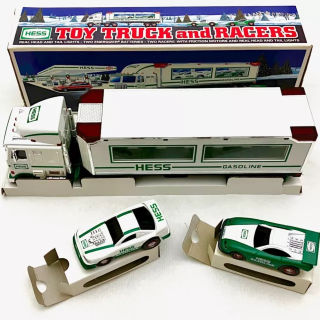 Vintage 1997 Hess Toy Truck and Racers with Friction Motors New In Box