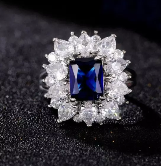 Features a Blue Sapphire & Lab-Created White Diamond Flower Cluster Women's Ring