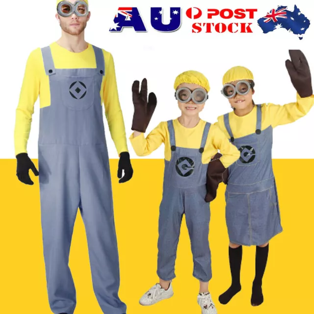 Men Kids Minion Costume Fancy Dress Despicable Me Boys Girls Adult Mens Man AU