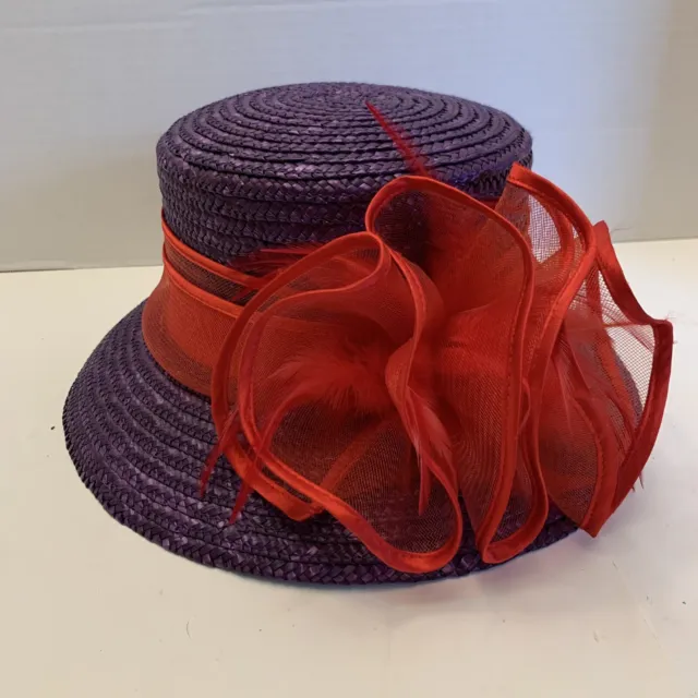Red Hat Society Derby Straw Hat with Bow and Feathers Red & Purple One Size
