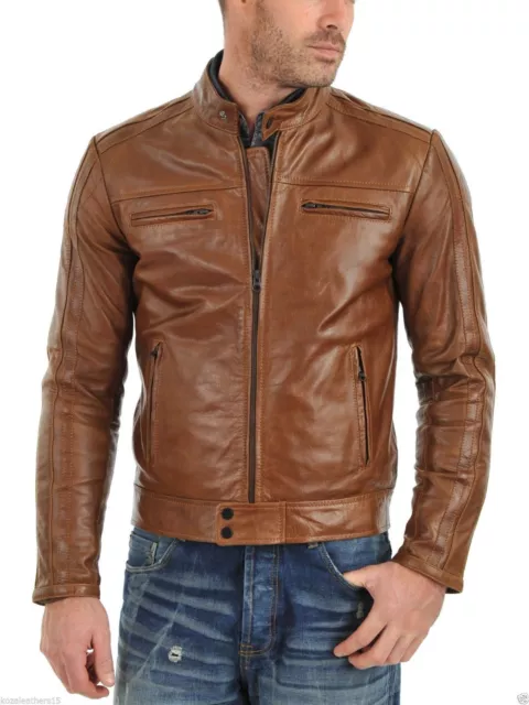 Men's Slim fit  Real Lambskin Tan Brown Leather Motorcycle Biker Jacket Vintage