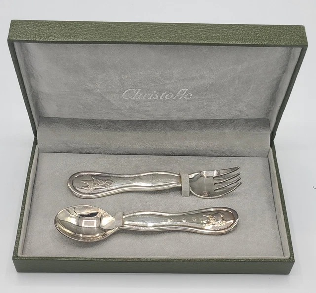 Christofle Silver Baby Set Fork Spoon Box Gift Plated France Flatware 2 Piece