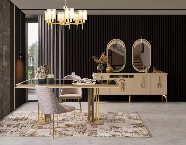Muebles de comedor de lujo mesa de comedor sillas aparador muebles de diseño oro 6 piezas