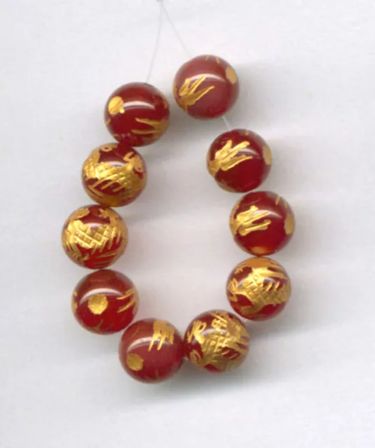 CARVED 10 KT. GOLD PLATED CARNELIAN 8MM DRAGON BEADS - 3" Strand - 7330