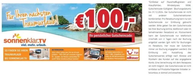 ✅ 100 Euro Gutschein Code Sonnenklar TV für Pauschalflugreisen und Kreuzfahrten✅