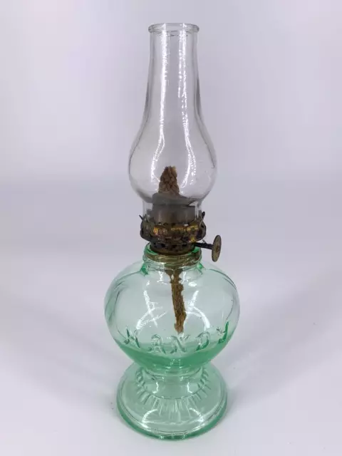 "Handy" Green Uranium Glass Miniature Oil Lamp P&A Acorn