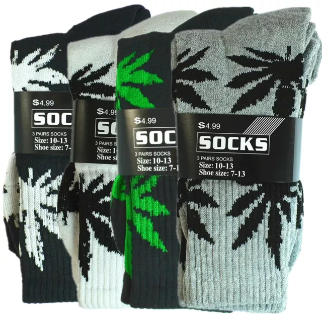 6 Pairs Mens Sports Leaf Weed Marijuana Crew Cotton Long Socks Size 9-11 10-13