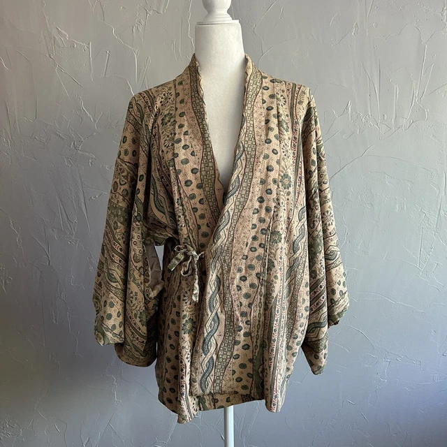 Women’s Vintage Japanese Haori Short Kimono Wrap Floral Print Boho Tan M *READ*