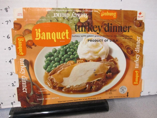 BANQUET TV dinner (1) box TURKEY plate 1960s frozen food peas potato housewife