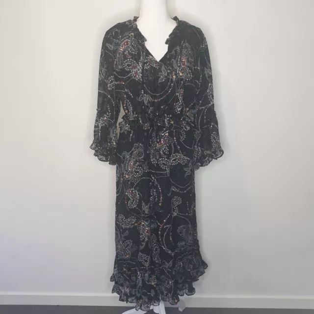 Hammock and Vine Size 10 Boho Black Floral Long Bell Sleeve Maxi Dress