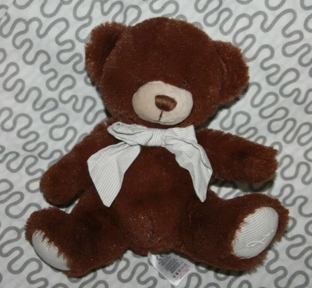 Doudou peluche JACADI ours marron noeud blanc raye gris 20 cm