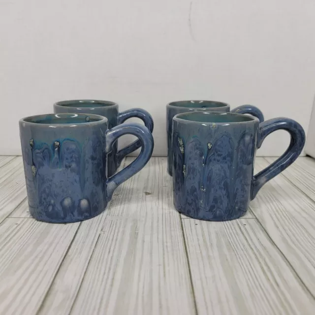 Vintage Handcrafted Coffee Mugs Blue Drip Studio Art Pottery Handmade Set of 4