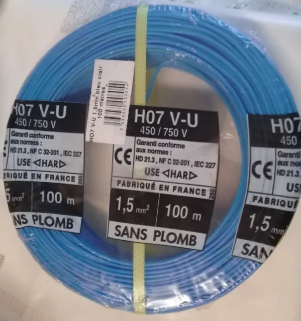 Bobine fil électrique rigide H07V-U 1,5 mm² Couronne 100 ml H07V