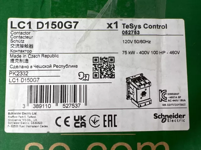 Schneider Electric LC1D150G7 Non-Reversing Contactor 150A 100HP @480VAC NEW 3