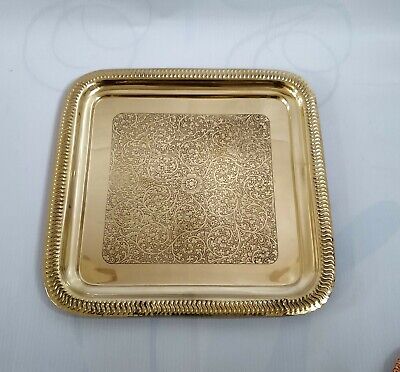 Antique Pure Brass Platter Square Engraved Ornate Display Decorative Coffee Tray