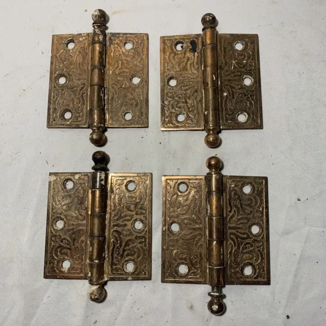Set of 4 Vintage Embossed Eastlake Hinges 3 1/2” X 3 1/2” Brass Plated
