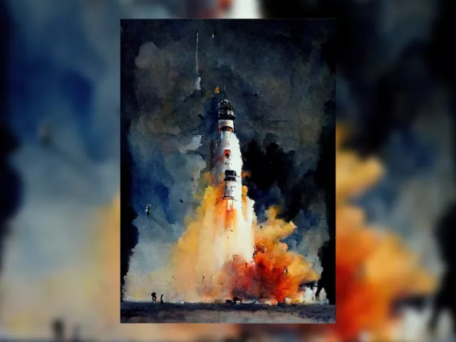 space shuttle launch watercolour painting, wall art, print on paper or canvas