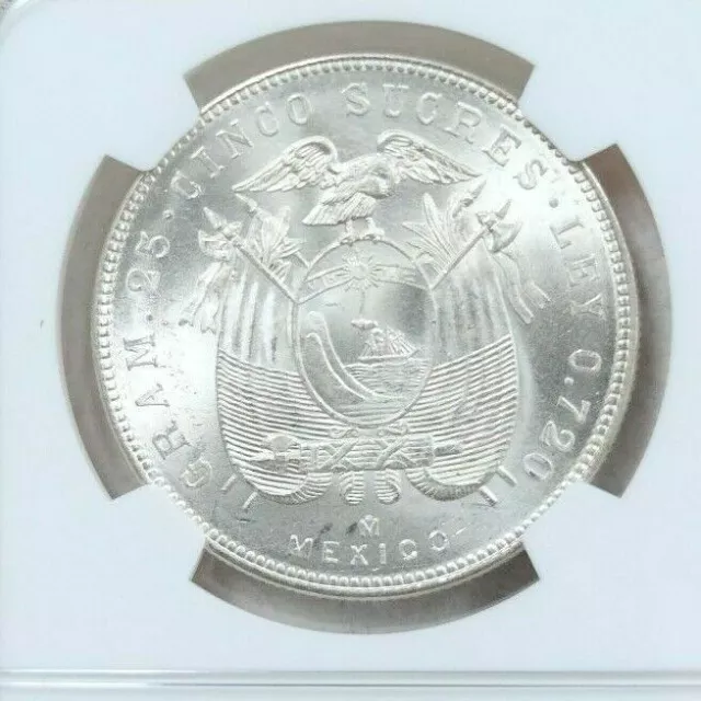 1944 Mo ECUADOR SILVER 5 SUCRES STRUCK IN MEXICO NGC MS 64+ BRIGHT SMOOTH LUSTER 2