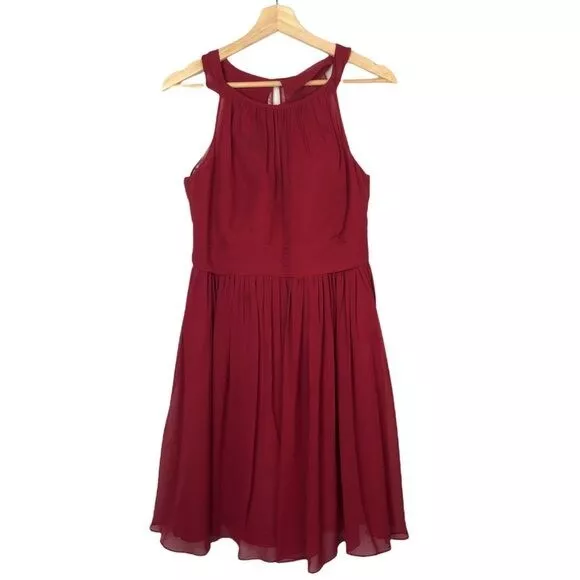 Azazie Red Short Bridesmaids Chiffon Skirt High Halter Neck Dress 6