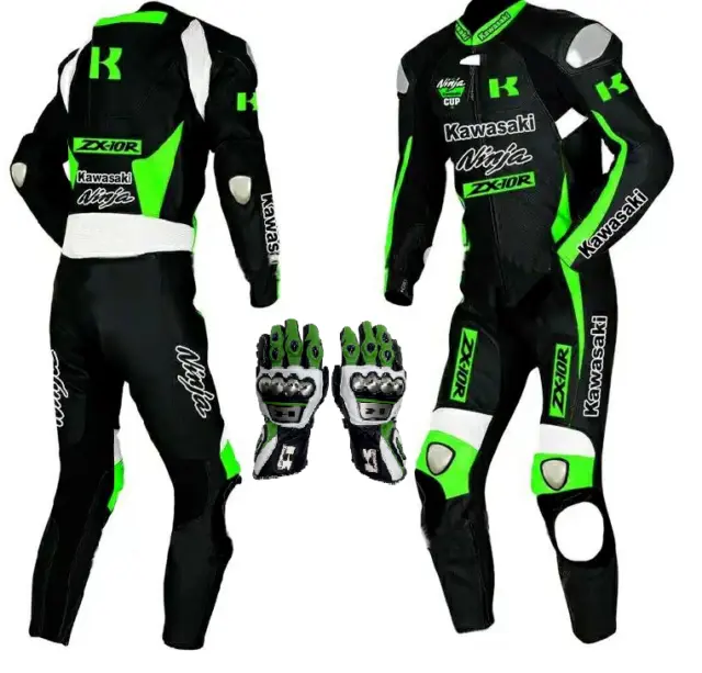 MotoGP Kawasaki Ninja Traje y guantes de carrera de cuero para motocicleta...