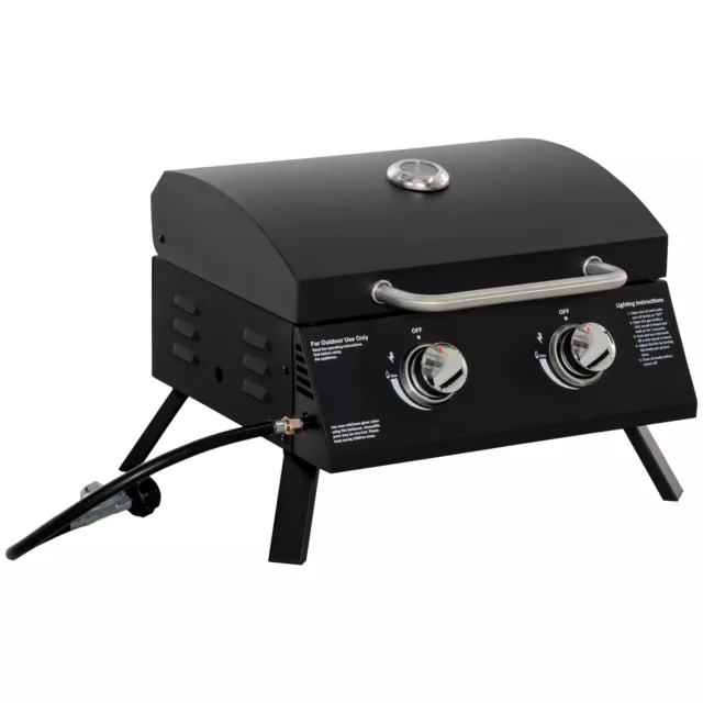 Outsunny Portable Tabletop Gas BBQ Grill Barbecue w/ 2 Burner Lid Thermometer