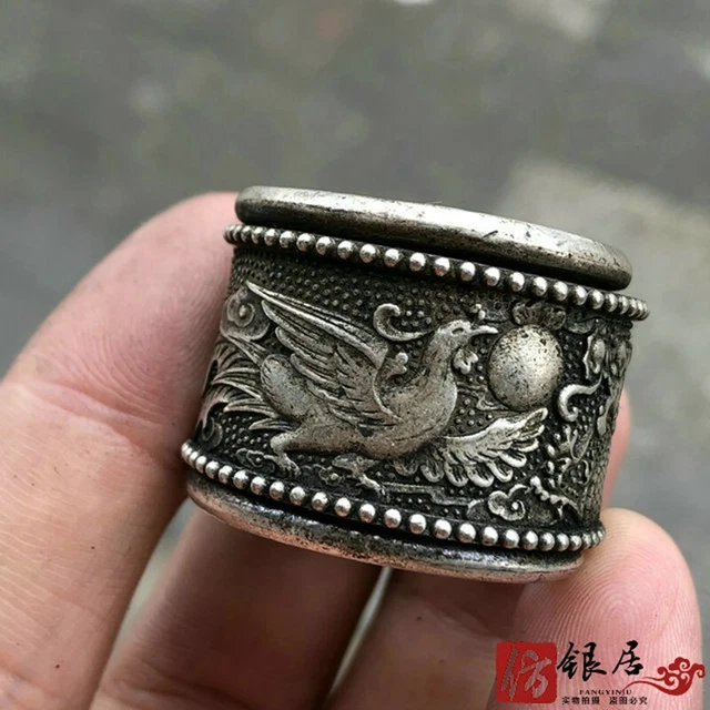 Old Chinese tibet silver handcarved   Dragon phoenix Pull finge Ring statue 5901 3