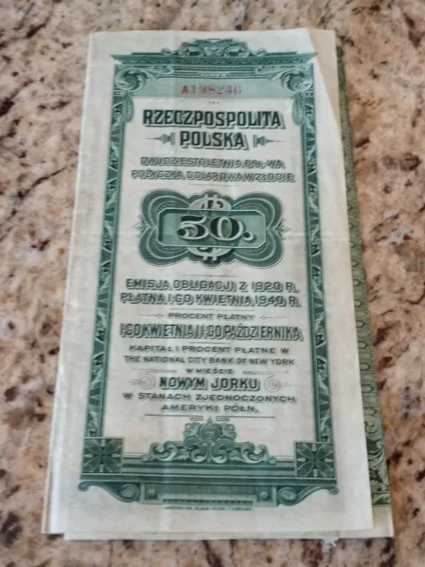 Republic of Poland  20 Year 6% US Dollar Gold Bond.  $50 Issue of 1920