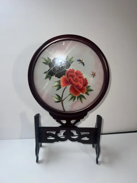 Suzhou Chinese rose’s Double Side Silk Embroidery in Glass Victorian Wood Frame